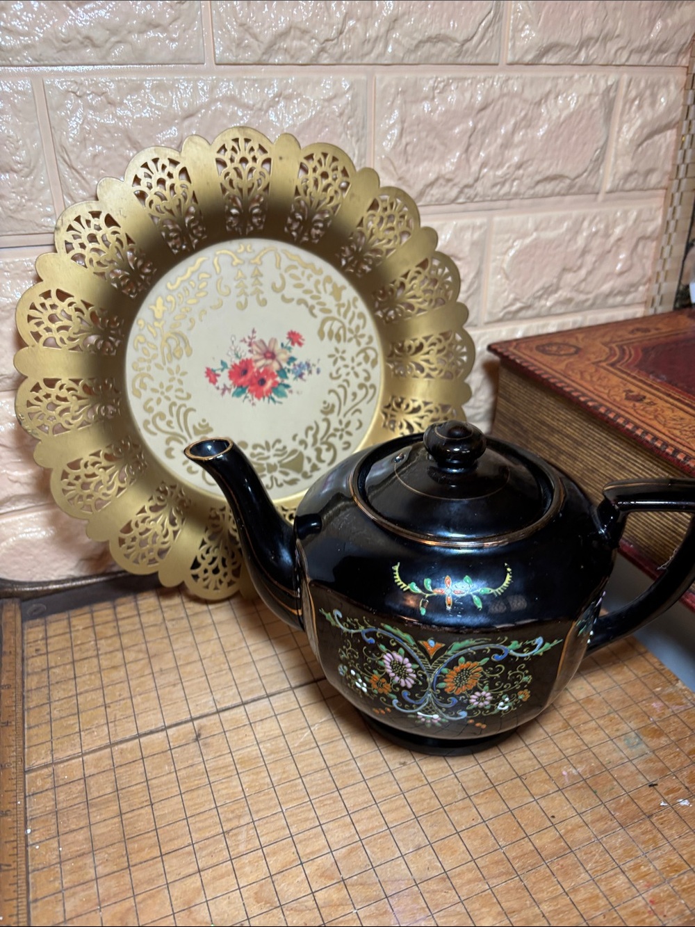 Hand Painted Teapot Japan Brown Ceramics Mid Century w Gold Toleware Tray